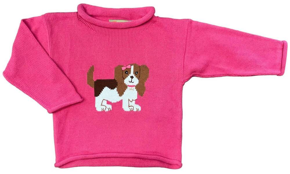 NEW LUIGI KIDS girl's cocker spaniel with bow intarsia sweater in hot pink